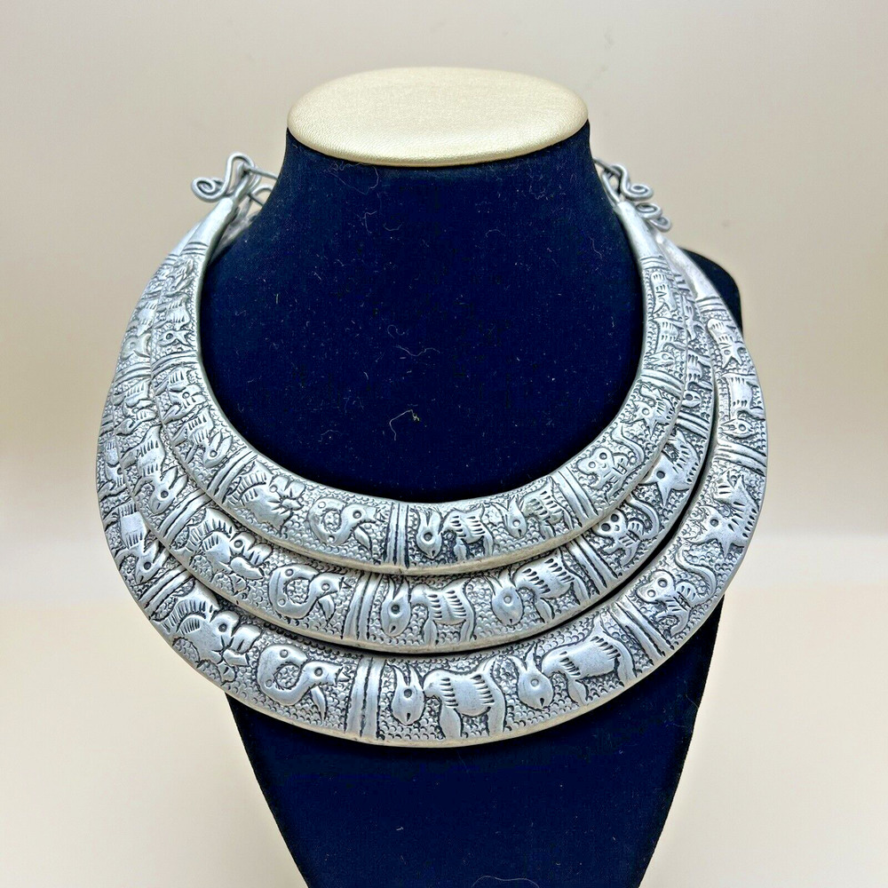 Vintage‎ Miao Chinese Minority Hill Tribe Silver Tone 3 Tier Zodiac Necklace